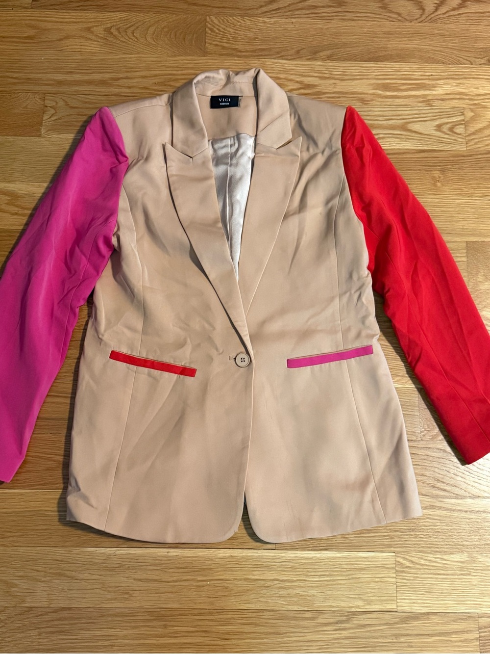 VICI Beige Colorblock Blazer with Pink and Red Sleeves